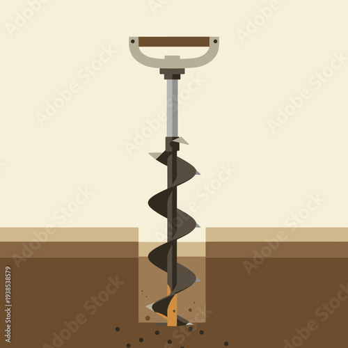 Flat illustration of a manual earth auger digging a hole in brown soil.