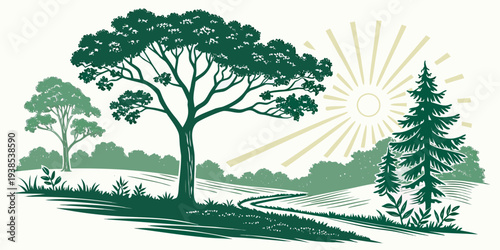 A serene landscape featuring a large tree with a dense canopy and a smaller tree nearby Vector