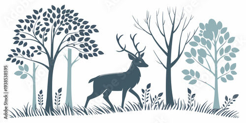 A majestic stag stands in a serene forest clearing surrounded by tall trees Vector