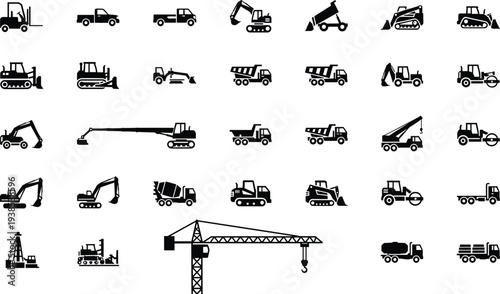 Construction vehicle icons, industrial machinery silhouettes, heavy equipment symbols, excavator, bulldozer, crane, forklift, dump truck, cement mixer, vector set