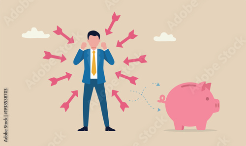 Customer pain, solve or user experience concept, upset frustrated user or customer with multiple arrows pointing to problem points