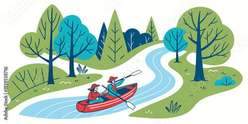 A serene lakeside scene with a small boat and lush greenery in the background Vector
