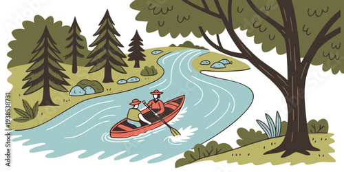 A serene scene of a family enjoying a peaceful boat ride on a calm river. Vector