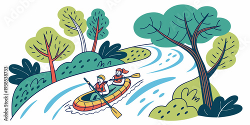 A vibrant illustration of a family enjoying a peaceful boat ride on a serene river. Vector