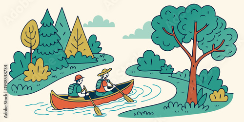 A serene lakeside scene with people enjoying nature and wildlife Vector