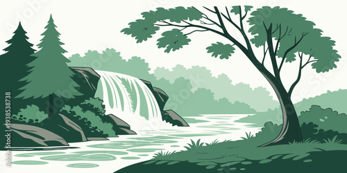 A serene landscape with a large tree on a hillside overlooking a calm river Vector