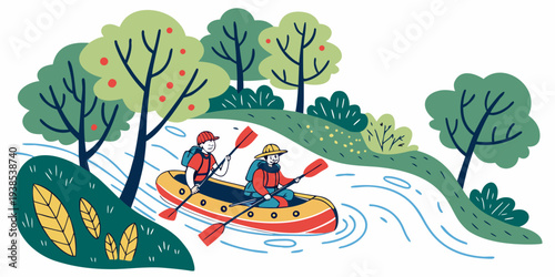 A serene scene of a person relaxing in a hammock by a river surrounded by lush greenery. Vector