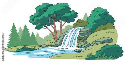 A serene landscape featuring a waterfall surrounded by lush greenery and trees Vector