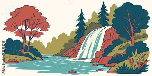 A serene landscape with a waterfall cascading into a tranquil pool surrounded by lush greenery Vector