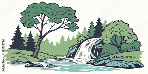 A serene landscape with a winding river, lush trees, and distant mountains. Vector