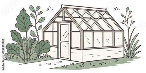 A charming greenhouse surrounded by lush greenery and plants Vector