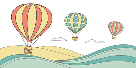 Fotobehang Luchtballon Luchtballonnen boven kalm water en strand  © leptop