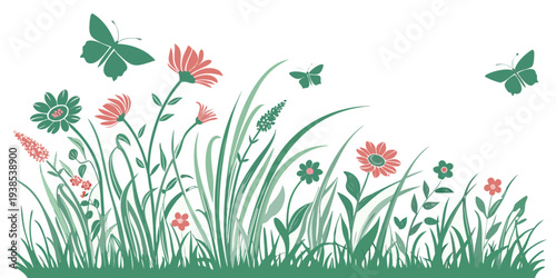 A vibrant and lively scene of wildflowers in a meadow with butterflies Vector