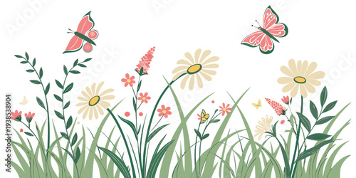 A vibrant field of wildflowers with colorful butterflies fluttering around Vector