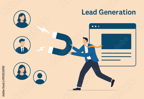 Lead generation, marketing campaign to attract client, customer or user to visit website, SEO strategy or traffic, online media advertising concept, marketing businessman draw customer to website.