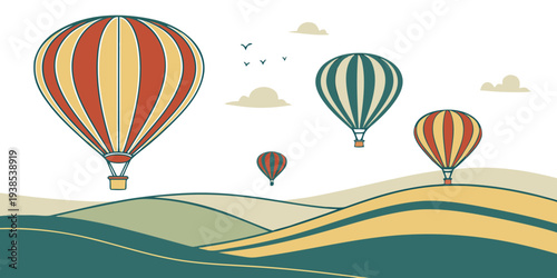 Colorful hot air balloons floating over a scenic landscape Vector
