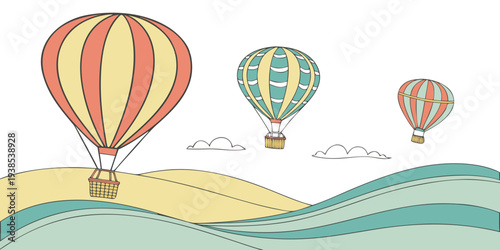 Colorful hot air balloons floating above a serene body of water with a sandy shore. Vector