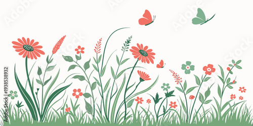 A vibrant meadow filled with red poppies and delicate butterflies in flight Vector