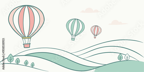 Three colorful hot air balloons floating over a picturesque landscape Vector