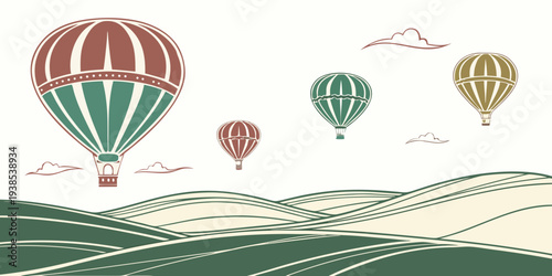 Colorful hot air balloons floating over a serene landscape with mountains and water Vector