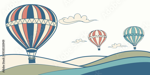 Colorful hot air balloons floating over a picturesque landscape with mountains in the distance Vector