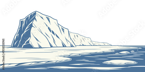 A majestic snow-covered mountain peak rises above the icy ocean waters. Vector