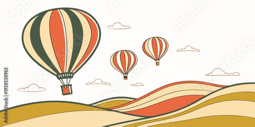 Colorful hot air balloons floating above a picturesque landscape Vector