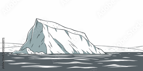 A solitary iceberg floats in the vast expanse of the ocean under a cloudy sky. Vector