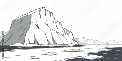 A majestic mountain peak towering over a serene icy landscape Vector