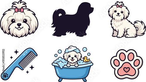 Cute cartoon vector sticker set of white maltese dog face sitting pose bath scene comb and paw icons silhouette bow