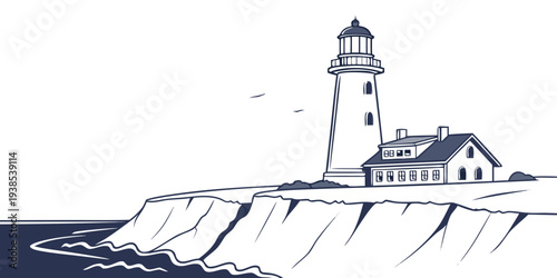 A majestic lighthouse standing tall on a rugged cliff overlooking the vast ocean. Vector