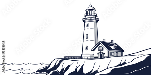 A black and white illustration of a lighthouse standing tall on a rocky shore Vector