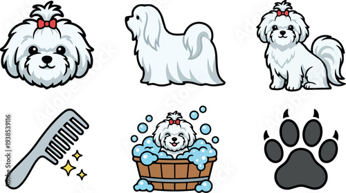 Cute flat design maltese dog mascot head full body bathing in wooden tub with red bow smiling close up vector art