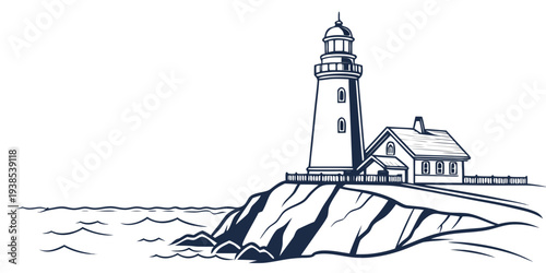 A serene lighthouse standing tall on a rocky cliff by the sea Vector