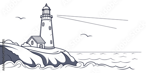 A majestic lighthouse standing tall on rocky cliffs by the sea. Vector