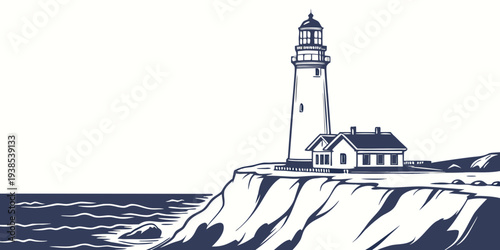 A serene lighthouse standing tall on a rocky cliff overlooking the vast ocean Vector