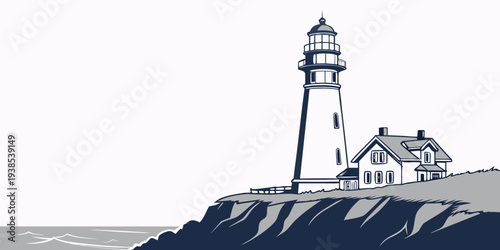 A serene lighthouse standing tall on a cliff overlooking the vast ocean. Vector