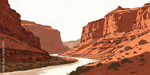 A serene river winding through towering red rock formations in a vast desert landscape Vector