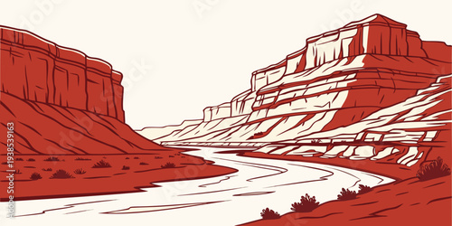 A serene landscape of red rock formations and a winding river in a desert canyon. Vector