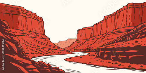 A breathtaking view of a deep canyon with a winding river below Vector