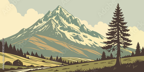 Majestic mountain landscape with a serene lake and dense forest in the foreground Vector