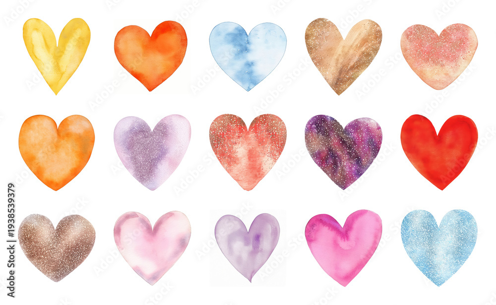 Obraz premium PNG Colorful watercolor heart illustrations on transparent background