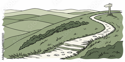 A winding road through a lush green landscape with a scenic overlook Vector