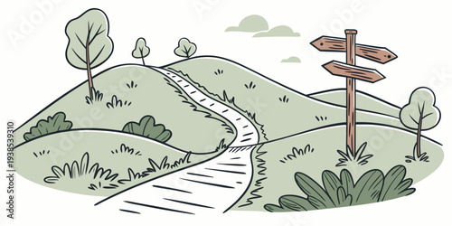 A serene landscape with a winding path leading to a distant horizon and a solitary tree Vector