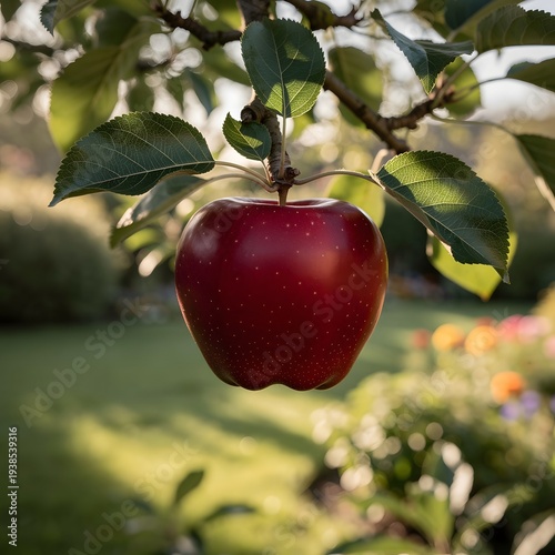 A picture Collection of Unique Apple fruit Concept, Juicy Red Apple Hanging on Branch with Green Leaves - Realistic Photo, Ripe red apple on branch


