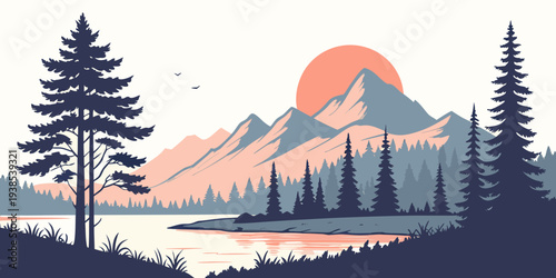 A serene landscape of a lake surrounded by trees with a vibrant sunset in the background. Vector