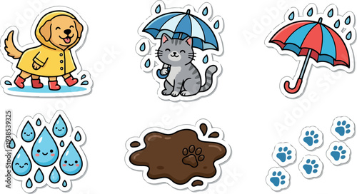 Kawaii sticker sheet flat design dog in yellow raincoat walking through puddle with red boots and cat under umbrella smiling