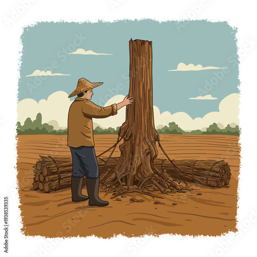 A farmer in a straw hat working to clear a large tree stump in a barren field, with cut logs nearby.