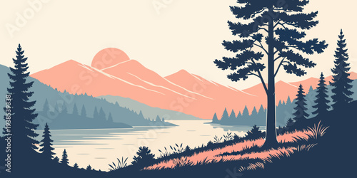 A serene lakeside scene with mountains and trees in the background Vector