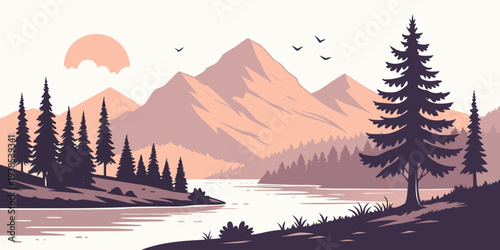 A serene landscape with a calm lake surrounded by lush green trees and majestic mountains. Vector